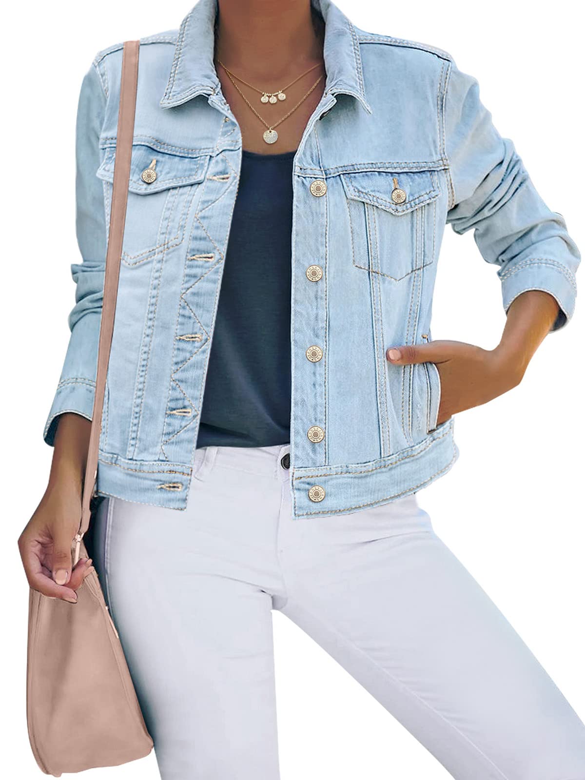 luvamia Women's Casual Basic Button Down Stretch Regular Fit Long Sleeves Denim Jean Jacket Azure Mood Size X-Large
