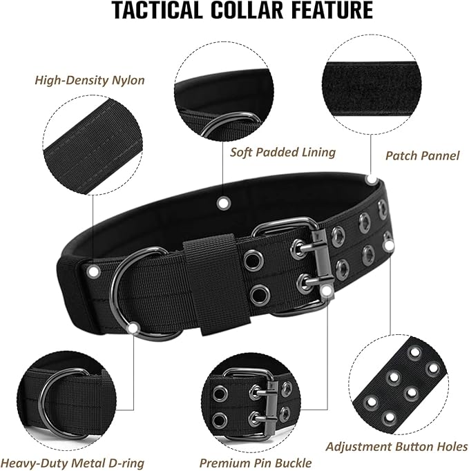 Tactical Dog Collar Military Adjustable Dog Collars Soft Nylon Training Collar with Patch Heavy Duty Metal Buckle Collars for Medium Large Dogs (Black, L)