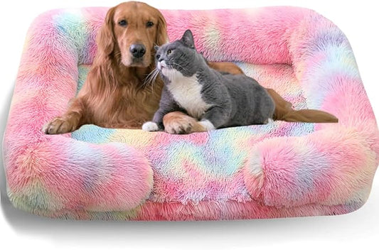 Dog Beds Medium Large Size Dog, Calming Dog Bed with Removable Washable Cover, Waterproof Lining and Nonskid Bottom(Tie-Dye Rainbow,L)
