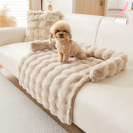 Luxurious Cozy Dog Couch Bed, Plush Dog Mat for Furniture Protector and Car, Non Slip Washable Calming Winter Thickened Pet Bed with Pillows for Large Medium Small Dogs/Cats