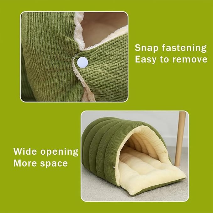 Removable and Washable Winter Closed-Off Cat Bed, Cat Winter Cave, Cute Cat Beds for Indoor Cats, Disassembled Design for Easier Cleaning, with Hair Remover (Green+Purple, 22.4 * 14.6 * 11.0 in)