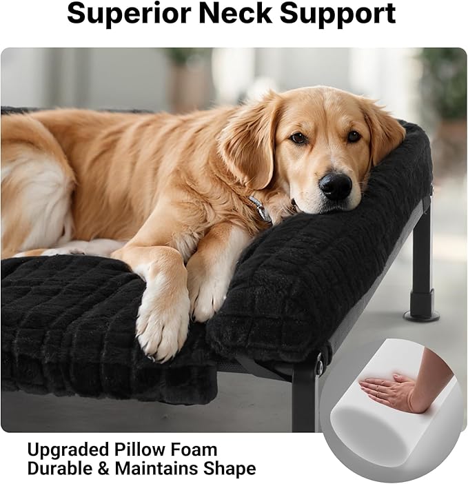 Veehoo Elevated Dog Bed Large Sized with Fluffy Plush Bolster Cushion, Washable Orthopedic Dog Couch Bed, Cooling Raised Pet Cot with Removable Mat, Breathable Mesh, No-Slip Feet, 42x 30 inches, Black