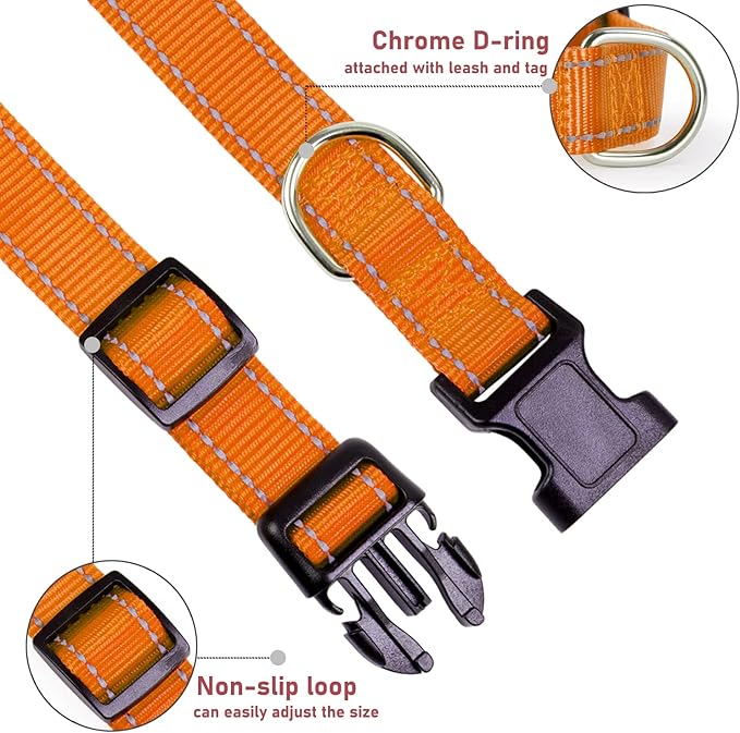 Reflective Dog Collar with Buckle Adjustable Safety Nylon Collars for Small Medium Large Dogs, Orange XL