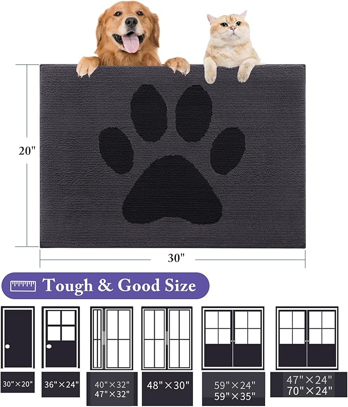Buganda Dog Door Mat for Muddy Paws, Absorbent Dirt Trapper Non Slip Indoor Doormats, Washable Low-Profile Mat for Mud Dogs, Entryway Carpet for Inside Floor (36x24 Inches, Black)