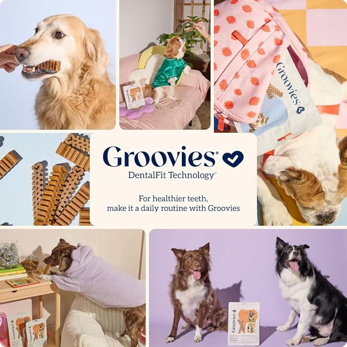 Groovies Flexible Dog Dental Chews with Patented DentalFit Technology to Help Support Tartar Control & Fresh Breath, X-Large Dog Chews for 50-100 lb Dogs, USA Manufactured Oral Care, 8 Chews