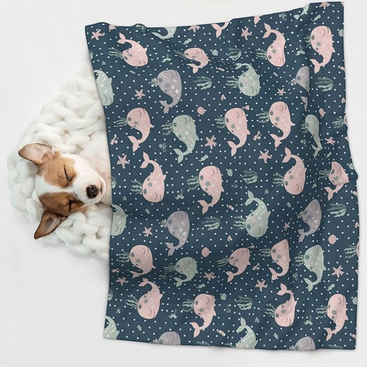 Pet Blanket for Travel and Home, Cute Whales Mandala Blue, Reversible Plush Dot Design with Soft Grip Texture on One Side Perfect for Car Seats Moving Vehicles