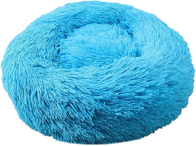 Calming Faux Fur Dog Beds Calming Donut Cuddler Dog Bed Washable Round Cat Bed Pillow Cuddler Fluffy Indoor Dog Calming Beds with Anti Slip Bottom Solid Color Blue 35 Inch