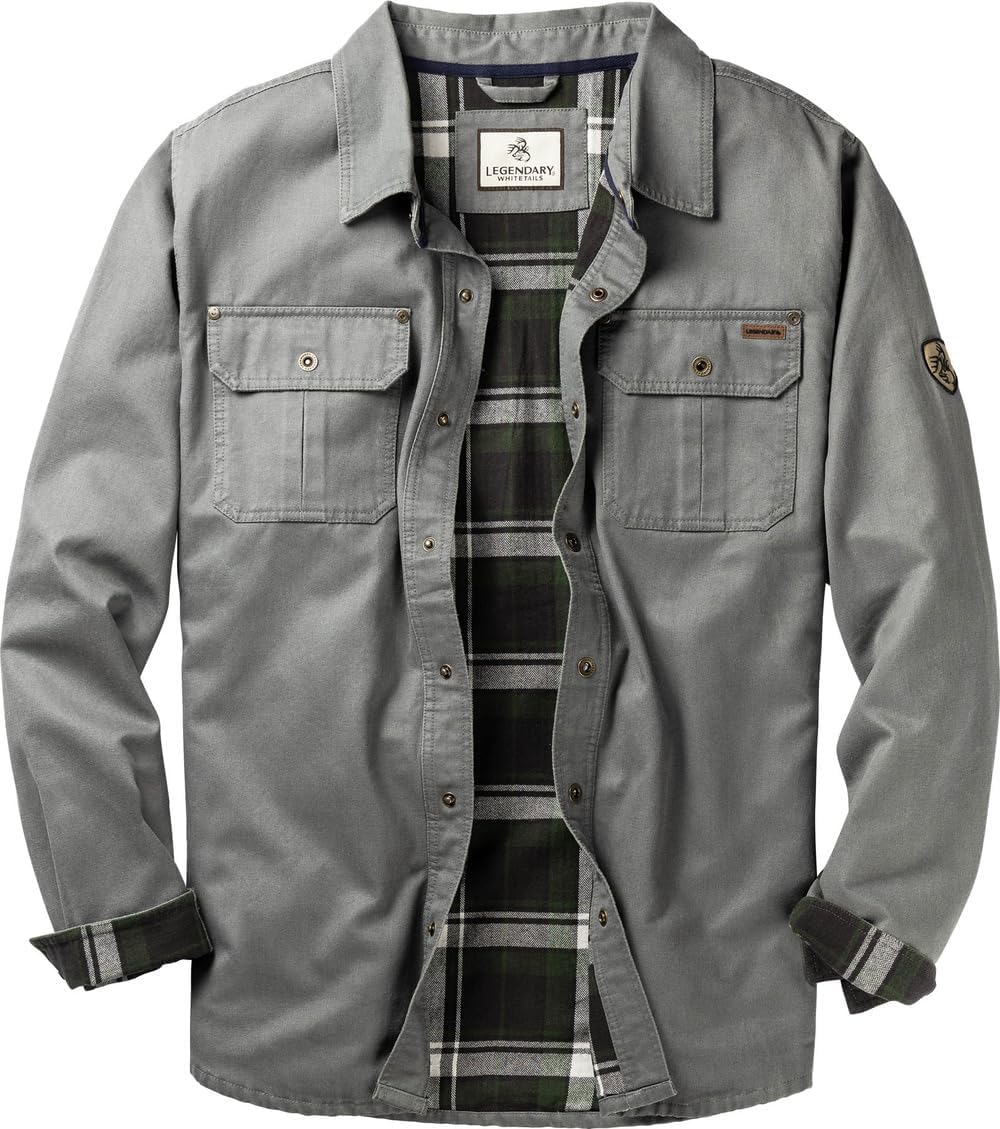 Mens Flannel Lined Waxed Cotton Shirt Jacket, Wolf, X-Large