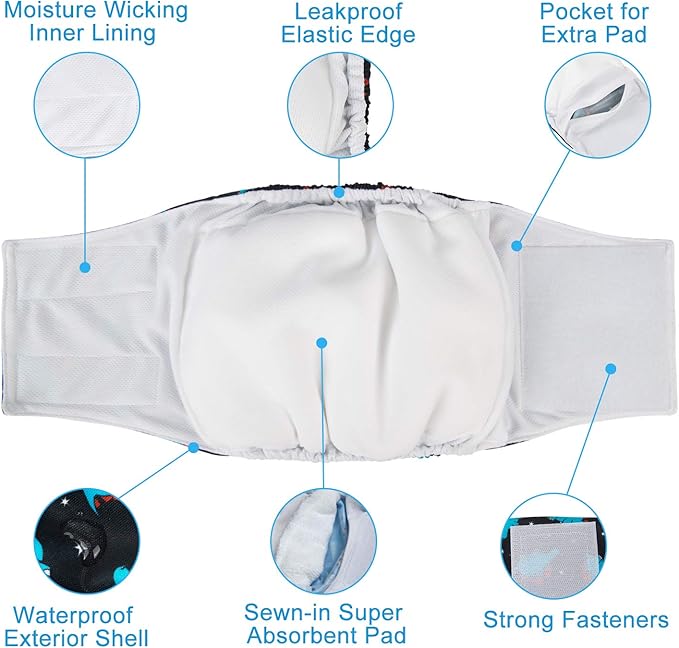CuteBone Dog Diapers Male Washable Belly Band for Male Dogs Wraps Black 3pcs a Pack DM54M