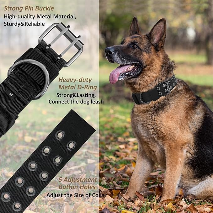 Tactical Dog Collar Military Adjustable Dog Collars Soft Nylon Training Collar with Patch Heavy Duty Metal Buckle Collars for Medium Large Dogs (Blue, L)