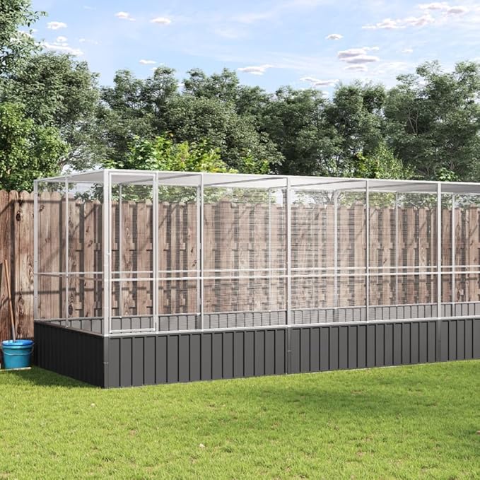 Large Metal Heavy Duty Walk-in Aviary Cage with Extension, Ample Activity Space Bird Cage with Lockable Door Also for Chickens and Rabbits, Silver 327.6"x81.5"x83.5" Steel,-414