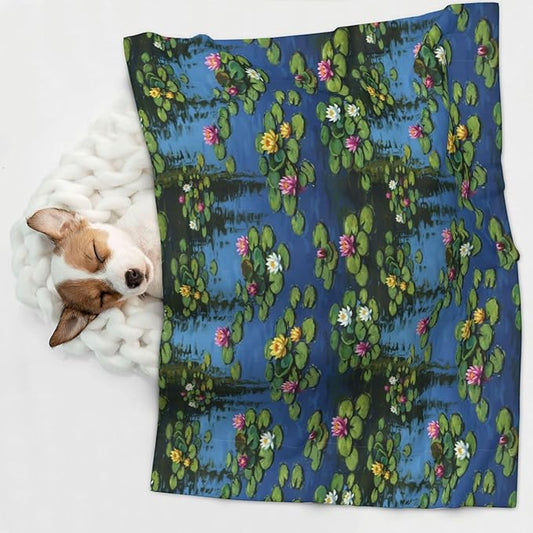 Reversible Plush Throw for Dogs and Cats, Water Lilies Monet Painting, Double Sided Blanket with Nubby Dot Side and Sleek Side Ideal for Cuddling Nesting Security