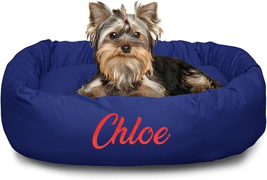 Majestic Pet Personalized 24 Inch Bagel Calming Dog Bed Washable – Cozy Soft Round Dog Bed with Spine Support for Dogs to Rest Their Head - Fluffy Donut Dog Bed 24x19x7 (Inch) - Small – Blue