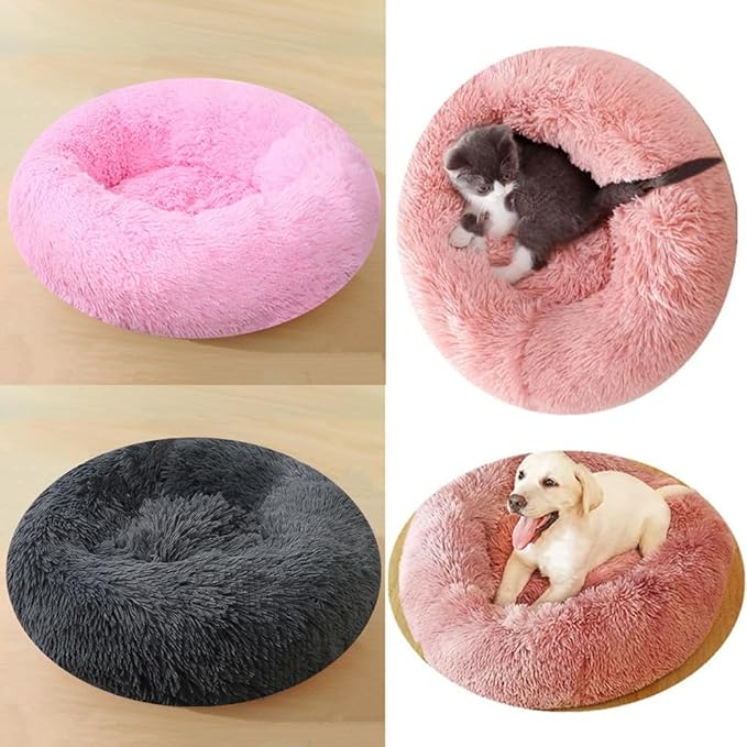 Calming Large Dog Bed & Cat Bed, 43 Inch Anti-Anxiety Donut Dog Cuddler Cat Bed, Warming Cozy Soft Dog Round Bed, Fluffy Faux Fur Machine Washable Pet Cushion for Medium Dogs & Cats (Bright Pink)