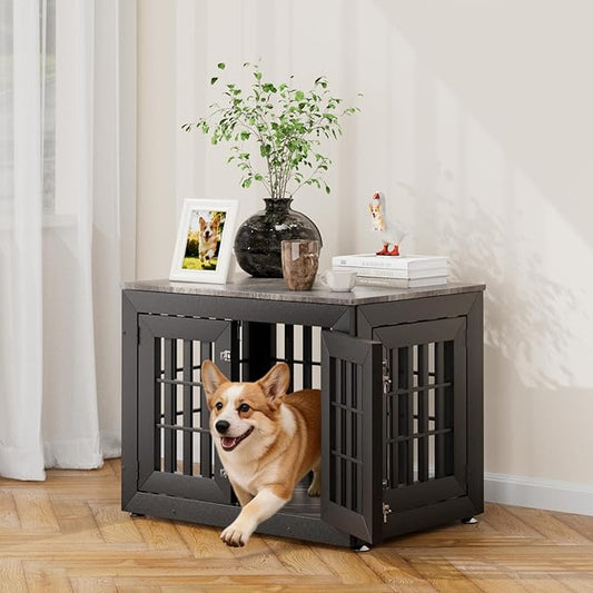 32" Heavy Duty Dog Crate Furniture for Small,Medium and Large Dogs,Rustic Wooden Dog Cage Kennel Indoor Furniture with Waterproof Top,Decorative Pet House Side End Table (Black & Grey)