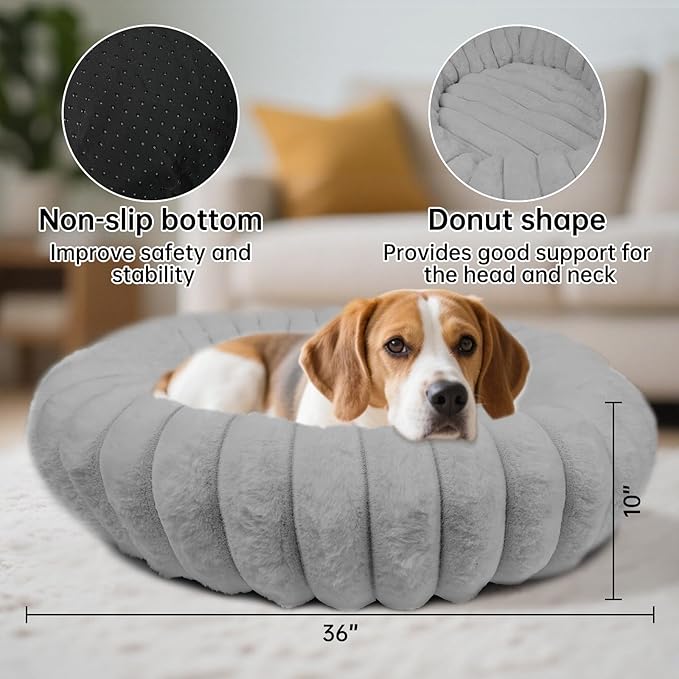Donut Dog and Cat Bed, Luxurious Comfortable Faux Rabbit Fur Pet Beds, Round Anti-Anxiety Calming Puppy Kitten Bed with Anti-Slip Bottom for Small Medium Dogs & Cats(36", Grey)