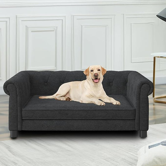 Elevated Rectangle Dog Sofa for Small & Medium Dogs - Comfortable Linen Fabric Dog Bed with Button Tufted Back, Durable Modern and Stylish Pet Bed for Living Room, Bedroom (Black)