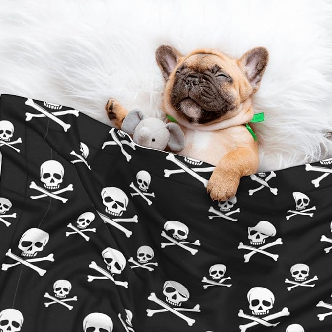 Two Sided Pet Cuddler Blanket for Anxiety Calming, Skull and Crossbones, Reversible Plush Design with Bubble Dot Pattern Provides Familiar Surface Anywhere
