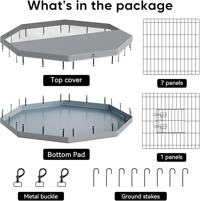 PJYuCien Dog Playpen with Top Cover and Bottom Pad - Metal Foldable Exercise Pen, 8 Panels 24" H x 24" W Indoor Outdoor Pet Fence Puppy Crate Kennel, Gray