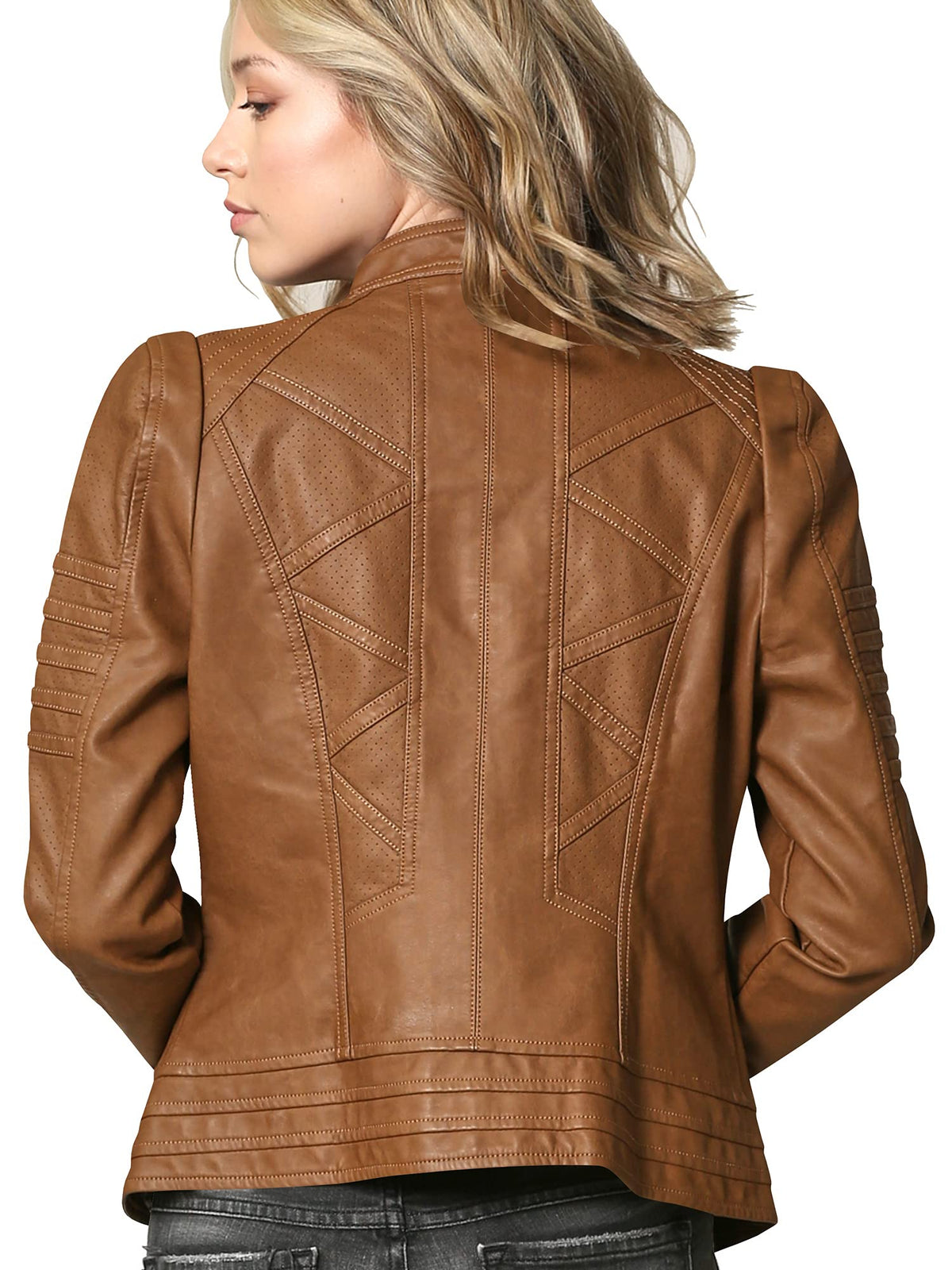 LL WJC746 Womens Vegan Leather Motorcycle Jacket M CAMEL