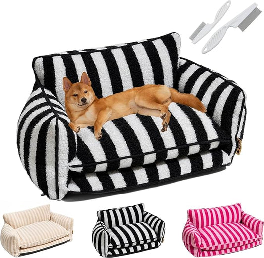 Lazy Holiday Plush Cozy Dog & Cat Sofa Bed, Teddy Velvet Dog Bed, Trendy Striped Faux Lambswool Double Layer Dog & Cat Sofa Bed Dogs Sleeping Mat for Medium Small Dogs & Cats (Black and White,M)
