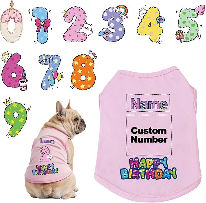 Custom Dog Birthday Shirt,Personalized Pet Apparel Print with Name Age Number,Pet Birthday Outfit,Lightweight Breathable Cotton Vest for Small Medium Large Dogs Cat (Pink, 4X-Large)