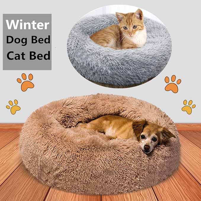 huraty Plush Dog Bed for Small Medium Dogs, Fluffy Donut Round Pet Cat Beds, Anti-Slip & Anti-Anxiety, 24 Inch for Puppy and Kitties, Black, M
