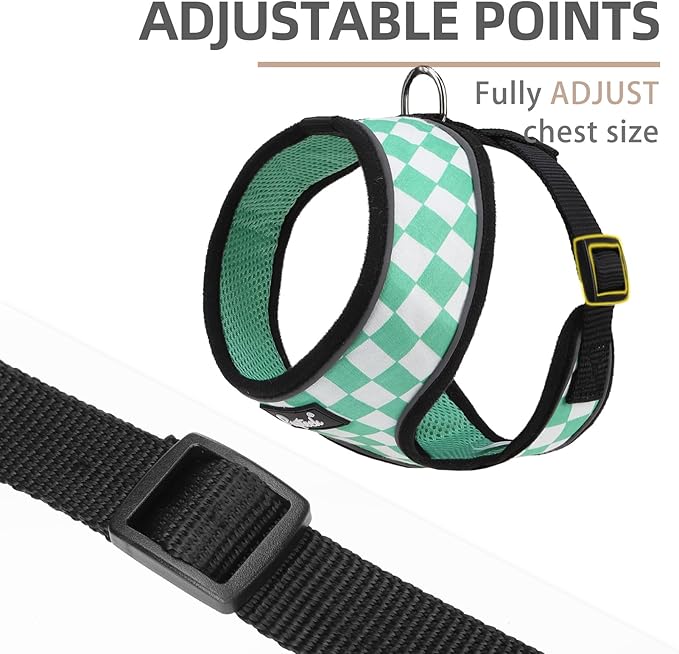PUPTECK Soft Mesh Dog Harness and Leash Set Pet Puppy Cat Comfort Padded Vest No Pull Harnesses, Checkered Green&White, S