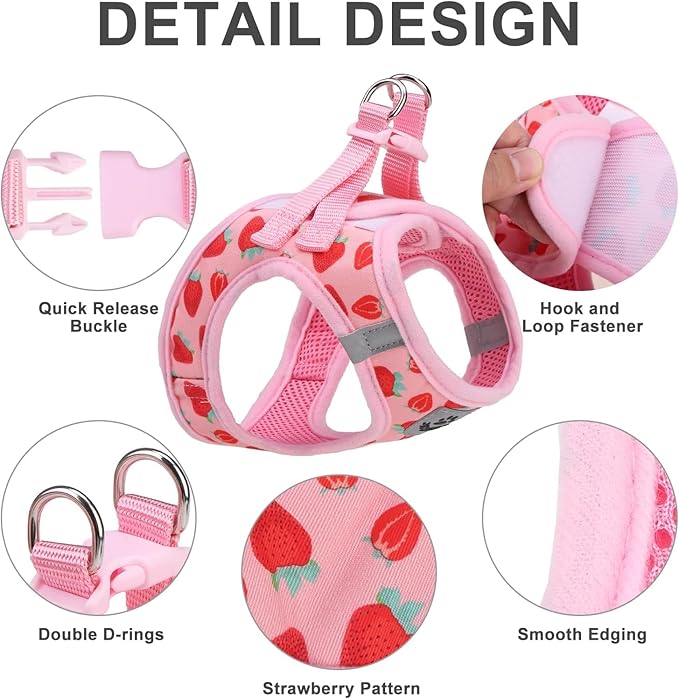 EXPAWLORER Small Dog Harness and Leash Set - Cute Puppy Harness Leash Dog Collar with AirTag Holder Silicone Case, Soft Padded Step in Pet Vest Reflective for Outdoor Walking, Strawberry XS