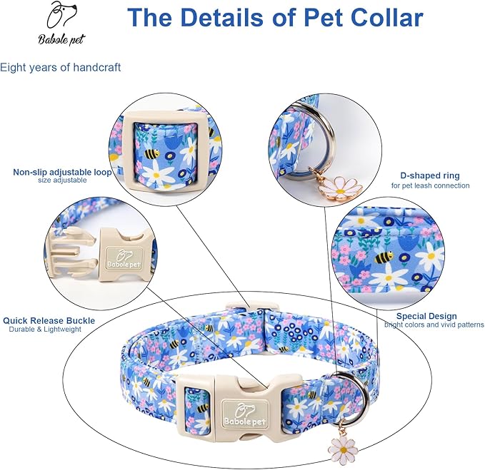 Floral Dog Collar for Small Dogs - Cute Spring Dog Collars, Soft Lightweight Bee & Daisy Puppy Collar, Breathable Adjustable Male Female Blue Wildflowers Dogs Collars S