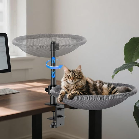 Cat Desk Bed & Perch - Breathable Soft Mesh Cat Hammock Nest for Home Office Desk, 360° Flexible Adjustable, Holds Up to 60 lbs for Gaming/Study Table (Grey)
