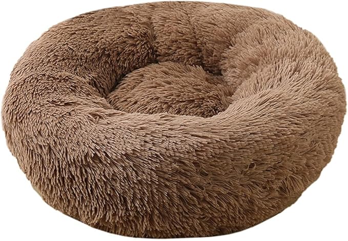 Calming Faux Fur Dog Beds Calming Donut Cuddler Dog Bed Washable Round Cat Bed Pillow Cuddler Fluffy Indoor Dog Calming Beds with Anti Slip Bottom Solid Color Light Coffee 23 Inch