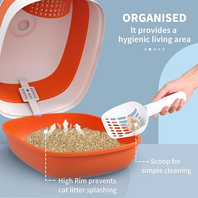 PawHut Cat Litter Box with Lid, Covered Litter Box w/High Sides, Air Freshener, Large Two-Way Entrance Kitty Toilet, Foldable, Easy Clean, Orange