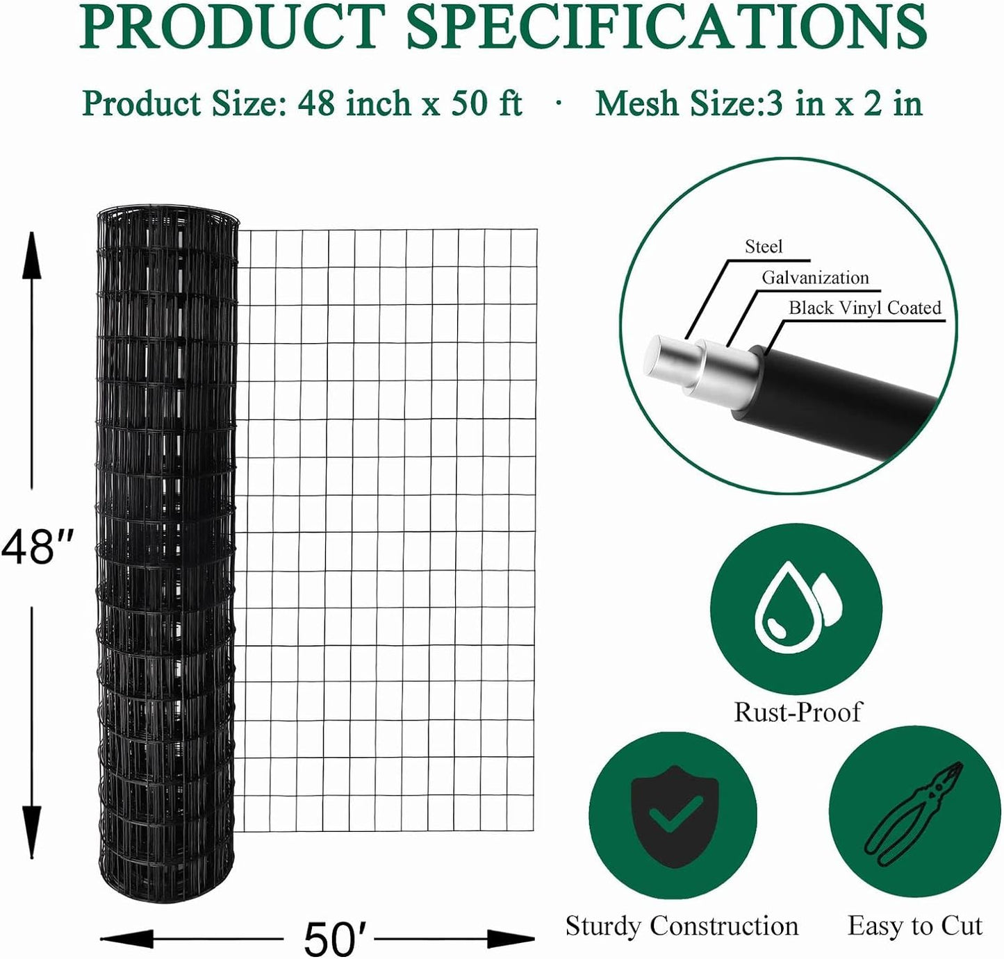 Black PVC Coated Welded Wire Fence 48 Inch x 50 Foot, 2 Inch x 3 Inch 16GA, Garden Border Fencing Roll Vinyl Coating Metal Wire Mesh for Yard Vegetable Plant Protection Poultry Netting