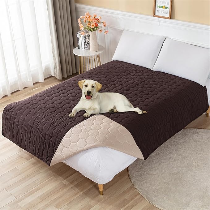 GIBZ Waterproof Dog Bed Cover Anti Slip Pet Furniture Protector Washable Blanket Large Soft Quilted Mat, Coffee, 220x210cm