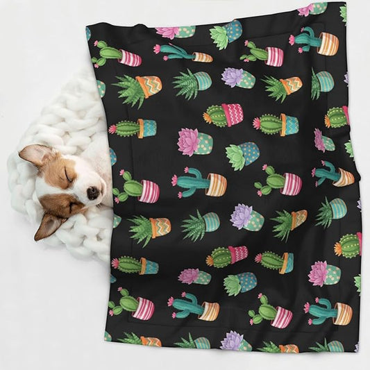 Reversible Pet Blanket for Sofa Protection Pet Comfort, Succulent Cactus Potted Plants, Double Sided Design with Cozy Nubby Nap Side and Durable Smooth Play Side