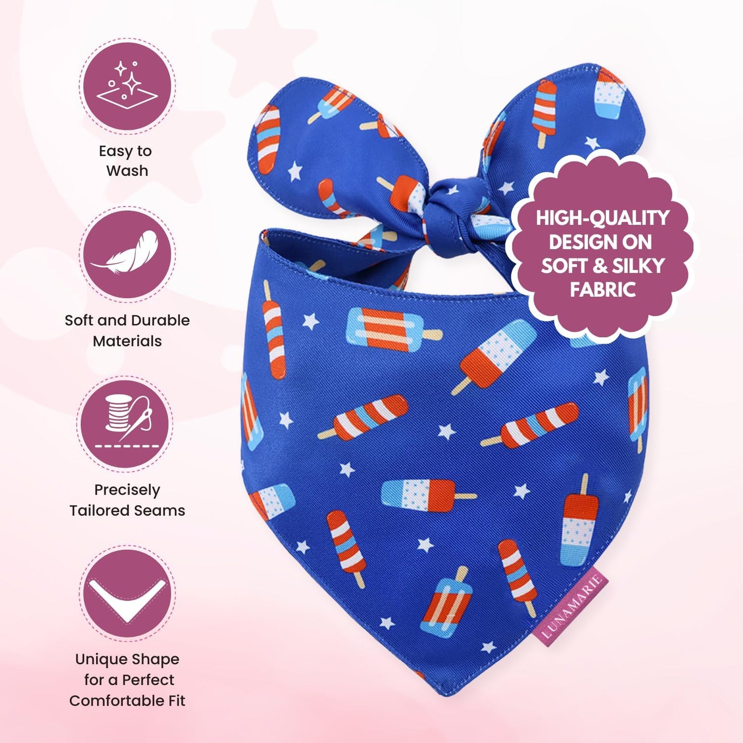 LunaMarie - Luxury Pet Birthday Bandanas -Premium & Silky Poly Fabric | 100% Handmade | Custom Shape Dual Layered (4th of July, Large)
