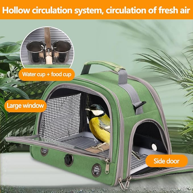 Bird Backpack,with Feeder Cups Tray Perch Portable Breathable Bird Carrier,for Small Birds Parrots Cockatiels (Gray)