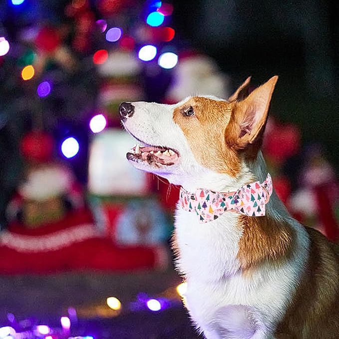 Christmas Dog Collar, Pink Christmas Tree Soft Comfortable Collars with Bow Adjustable Pet Collar with Premium Metal Buckle Dog Necklace for Medium Girl Dogs