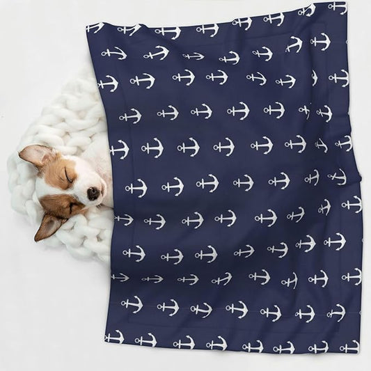 Double Sided Pet Throw for Dogs Who Shed, Nautical Anchor Navy, Reversible Blanket with Nubby Dot Side Catches Loose Fur for Easier Furniture Cleanup