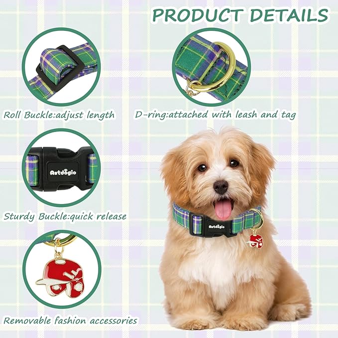 Dog Collar with Dark Green Striped Checkered for Spring Summer, Adjustable Cotton Puppy Collar for Small Medium Large Girl Boy Dogs-XS