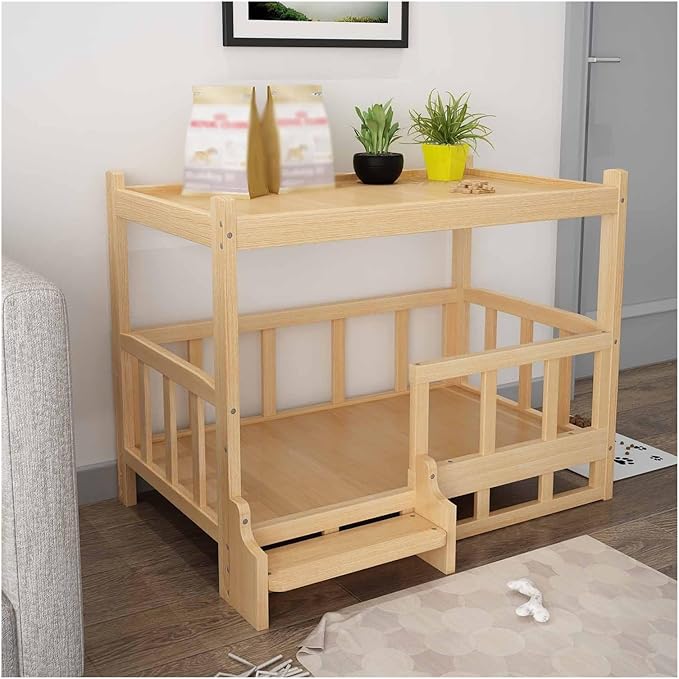 XPLKQXE Dog Bed Wood Platform, Elevated Pet Cushion Bed, Animal Couch with Mattress, Dog Beds & Furniture Rest Cot, Portable Fence Bed Pet Up to 45kg/100lbs(Color:Woody,Size:120x60x70cm)