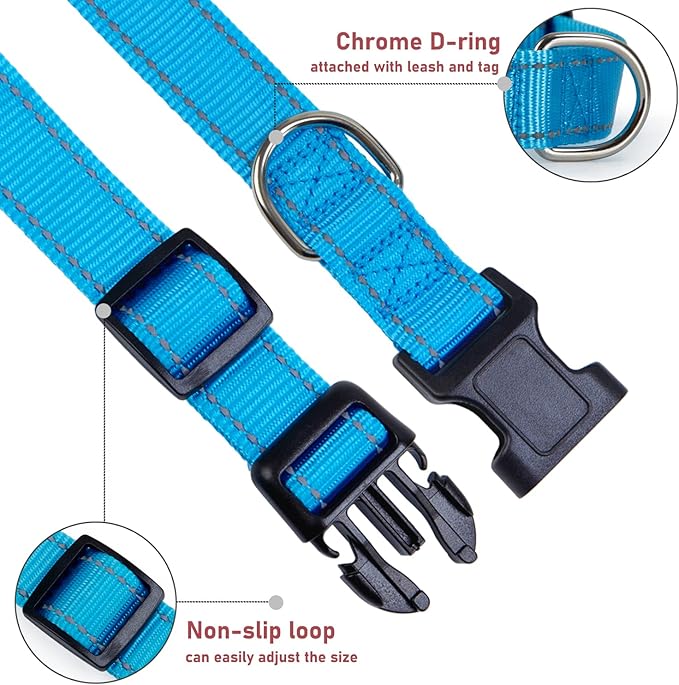 Reflective Dog Collar with Buckle Adjustable Safety Nylon Collars for Small Medium Large Dogs, Sky Blue XXS