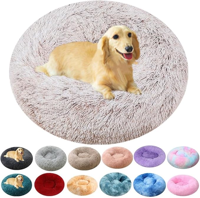 Large Calming Dog Bed, 40 Inch Anti-Anxiety Donut Dog Cuddler Cat Bed, Warming Cozy Soft Dogs Round Bed, Fluffy Faux Fur Machine Washable Pet Cushion for Medium Large Dogs & Cats (Coffee White)