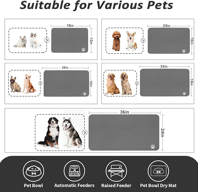 Dog Food Mat - Absorbent Cat Mat for Food and Water, No Stains Pet Feeding Bowl Mat, Easy to Clean Pet Placemats, Quick Dry Dog Water Dispenser Mat for Messy Drinkers | Paw Dark Grey 12"x 19"
