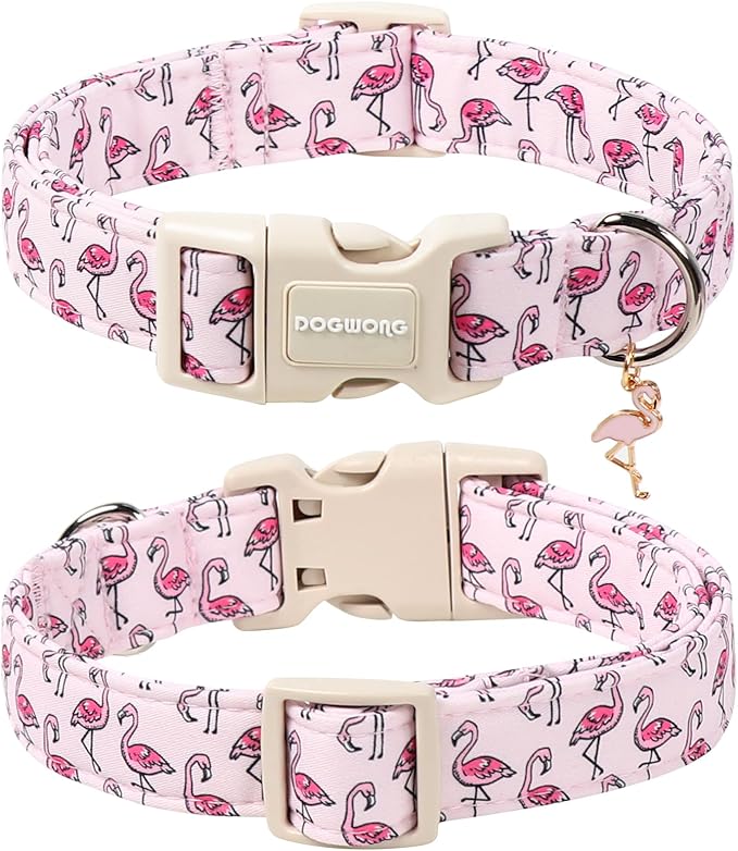 DOGWONG Cute Pet Dog Collar Pink Flamingos Cotton Dog Collar- Soft Girl Puppy Adjustable Pet Collars for Small Medium Large Dogs,M