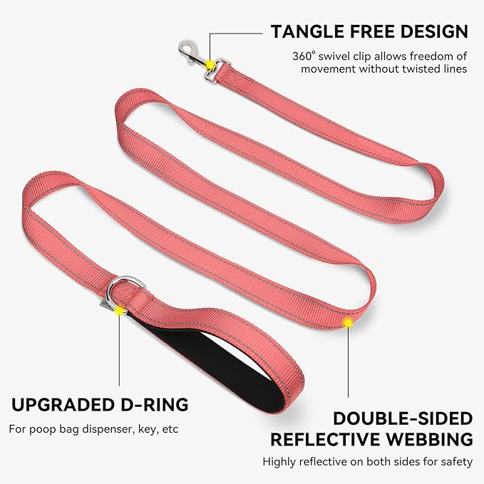 Joytale Dog Leash, 4 FT Double-Sided Reflective, Padded Handle Nylon Heavy Duty Leashes for Medium & Large Dogs Walking, Neon Pink