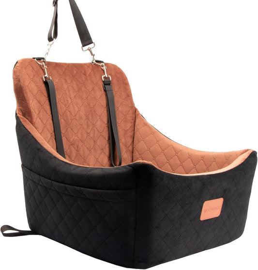 Dog Car Seat for Medium Sized Dog,Pet Travel Car Bed with Seat Belt Channle,Fully Detachable and Washable Car Dog Seat with Adjustable Straps,3 Straps Easy to Install (Black/Brown)