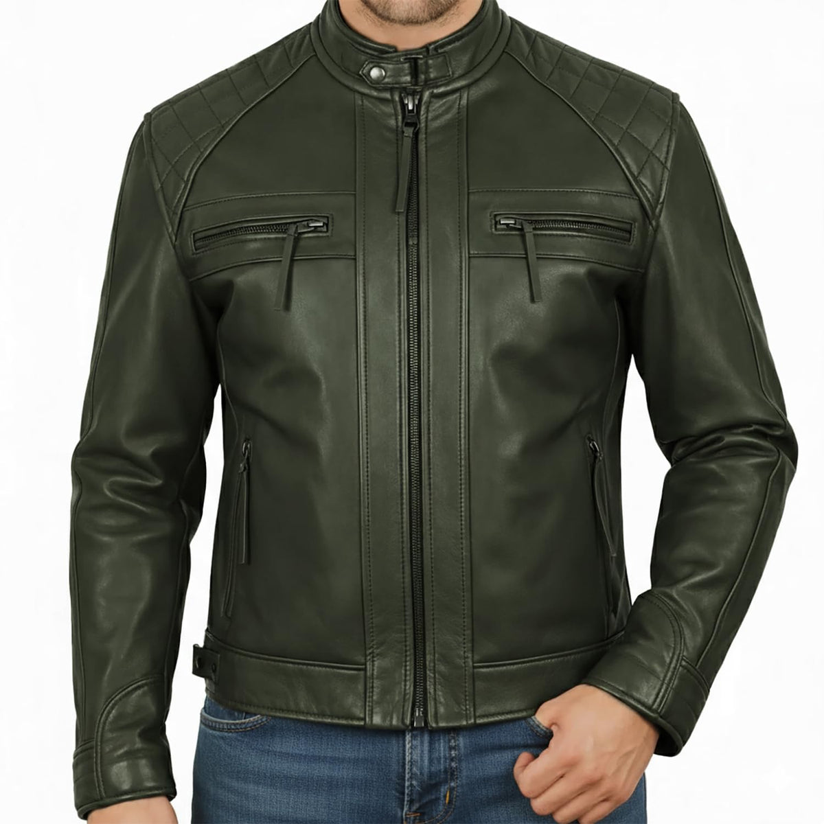 STOREJEES Mens Green Leather Jacket | Diamond Green - XL