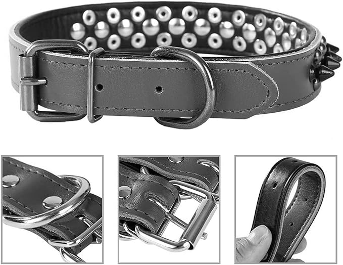 Spiked Studded Dog Collar, Genuine Leather Dog Collar, Adjustable Pet Collars for Medium Large Bulldog Pitbull Mastiff Poodle Boxer (M:29-38cm, Red)